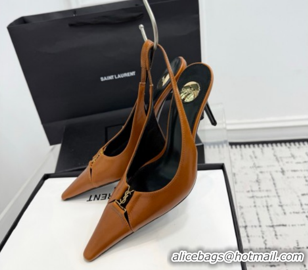 Luxury Cheap Saint Laurent Babylone Breteuil Slingbacks Pump 9cm in Oil Leather Brown 1213007