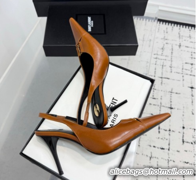 Luxury Cheap Saint Laurent Babylone Breteuil Slingbacks Pump 9cm in Oil Leather Brown 1213007