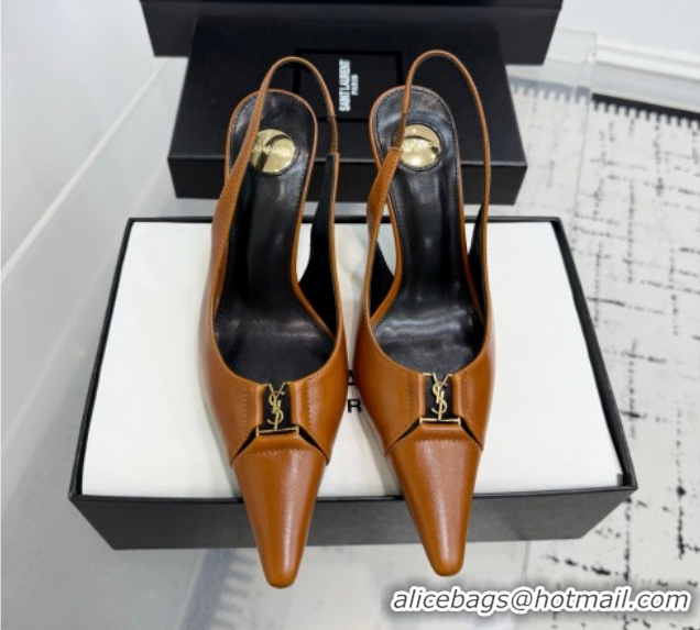 Luxury Cheap Saint Laurent Babylone Breteuil Slingbacks Pump 9cm in Oil Leather Brown 1213007