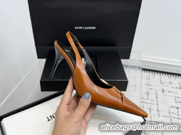Luxury Cheap Saint Laurent Babylone Breteuil Slingbacks Pump 9cm in Oil Leather Brown 1213007