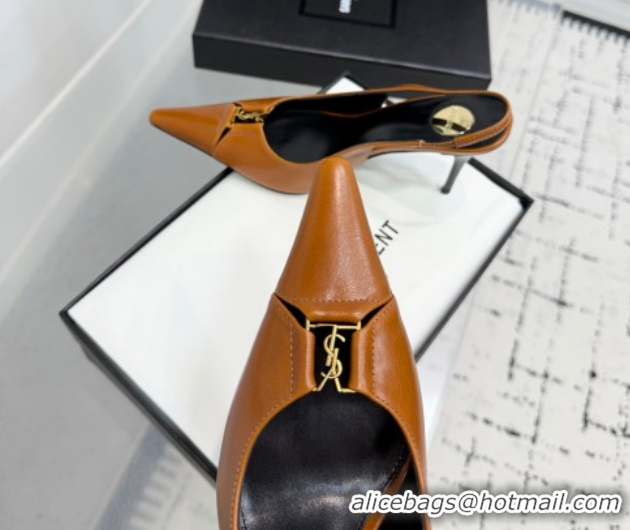 Luxury Cheap Saint Laurent Babylone Breteuil Slingbacks Pump 9cm in Oil Leather Brown 1213007
