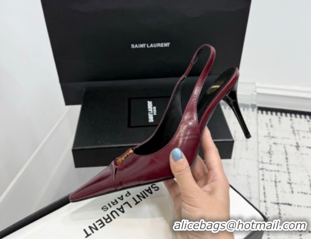 Popular Style Saint Laurent Babylone Breteuil Slingbacks Pump 9cm in Oil Leather Dark Burgundy 1213008