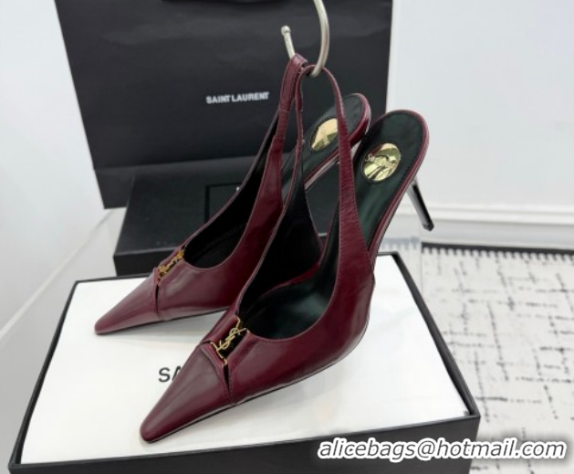 Popular Style Saint Laurent Babylone Breteuil Slingbacks Pump 9cm in Oil Leather Dark Burgundy 1213008