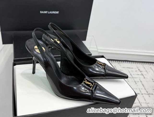 Charming Saint Laurent Babylone Breteuil Slingbacks Pump 9cm in Shiny Leather Black 1213009