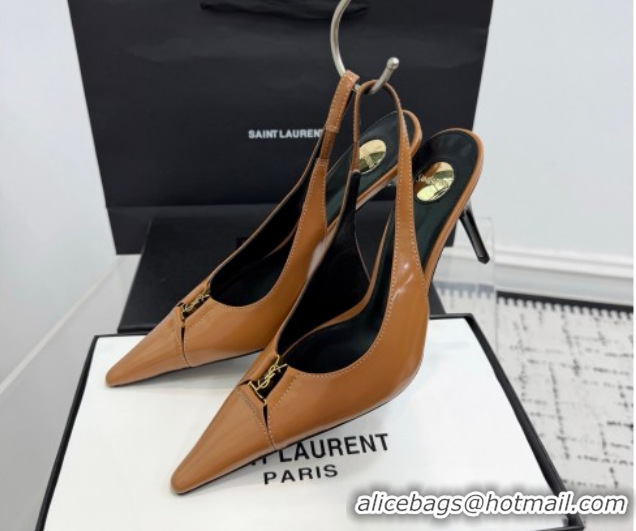Hot Style Saint Laurent Babylone Breteuil Slingbacks Pump 9cm in Shiny Leather Light Brown 1213010