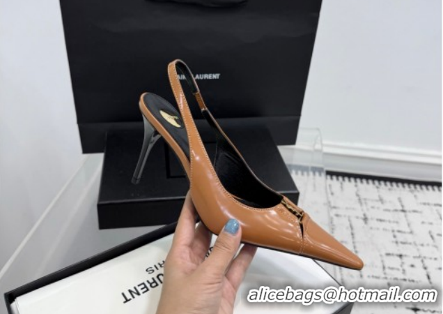 Hot Style Saint Laurent Babylone Breteuil Slingbacks Pump 9cm in Shiny Leather Light Brown 1213010