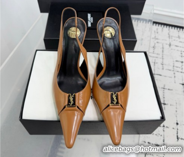 Hot Style Saint Laurent Babylone Breteuil Slingbacks Pump 9cm in Shiny Leather Light Brown 1213010