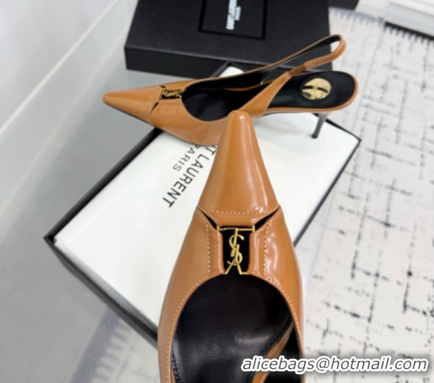 Hot Style Saint Laurent Babylone Breteuil Slingbacks Pump 9cm in Shiny Leather Light Brown 1213010