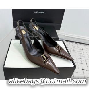 Grade Saint Laurent Babylone Breteuil Slingbacks Pump 9cm in Shiny Leather Dark Brown 1213011
