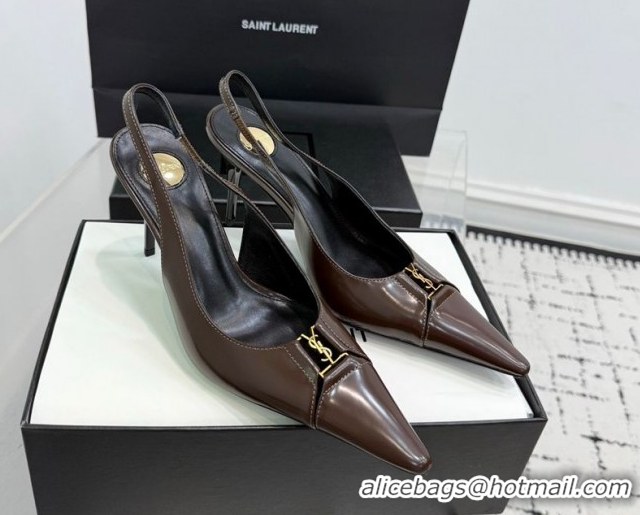 Grade Saint Laurent Babylone Breteuil Slingbacks Pump 9cm in Shiny Leather Dark Brown 1213011