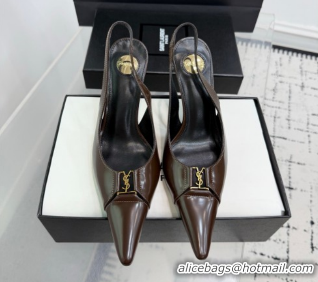 Grade Saint Laurent Babylone Breteuil Slingbacks Pump 9cm in Shiny Leather Dark Brown 1213011