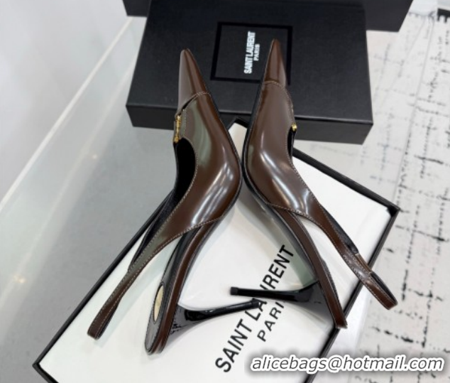 Grade Saint Laurent Babylone Breteuil Slingbacks Pump 9cm in Shiny Leather Dark Brown 1213011