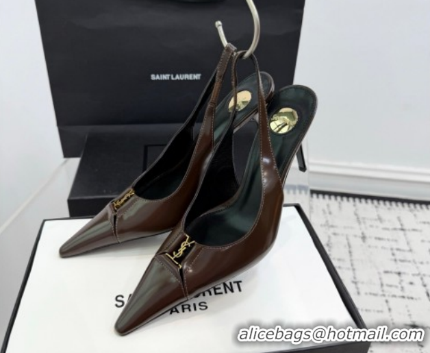 Grade Saint Laurent Babylone Breteuil Slingbacks Pump 9cm in Shiny Leather Dark Brown 1213011