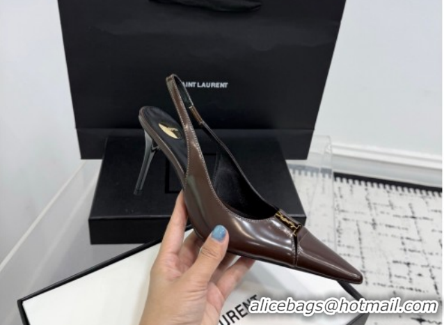 Grade Saint Laurent Babylone Breteuil Slingbacks Pump 9cm in Shiny Leather Dark Brown 1213011