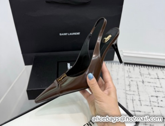 Grade Saint Laurent Babylone Breteuil Slingbacks Pump 9cm in Shiny Leather Dark Brown 1213011