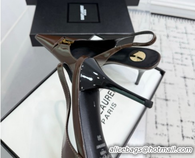 Grade Saint Laurent Babylone Breteuil Slingbacks Pump 9cm in Shiny Leather Dark Brown 1213011