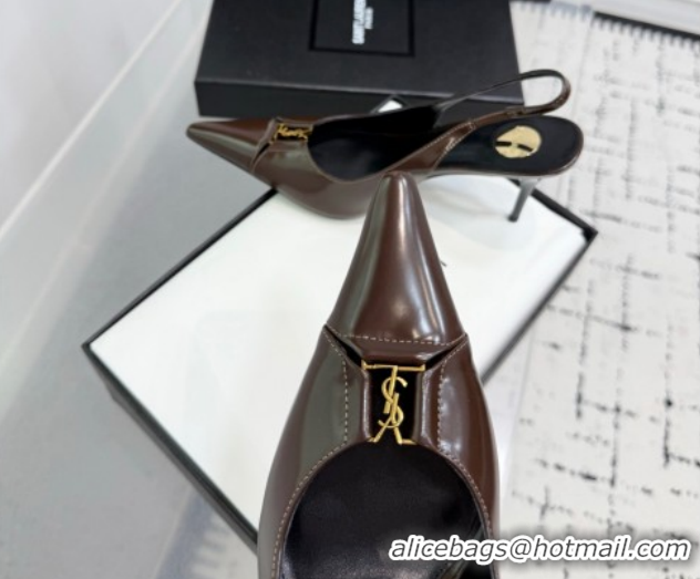 Grade Saint Laurent Babylone Breteuil Slingbacks Pump 9cm in Shiny Leather Dark Brown 1213011