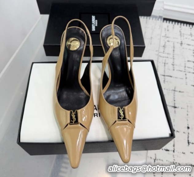 Sophisticated Saint Laurent Babylone Breteuil Slingbacks Pump 9cm in Shiny Leather Beige 1213012