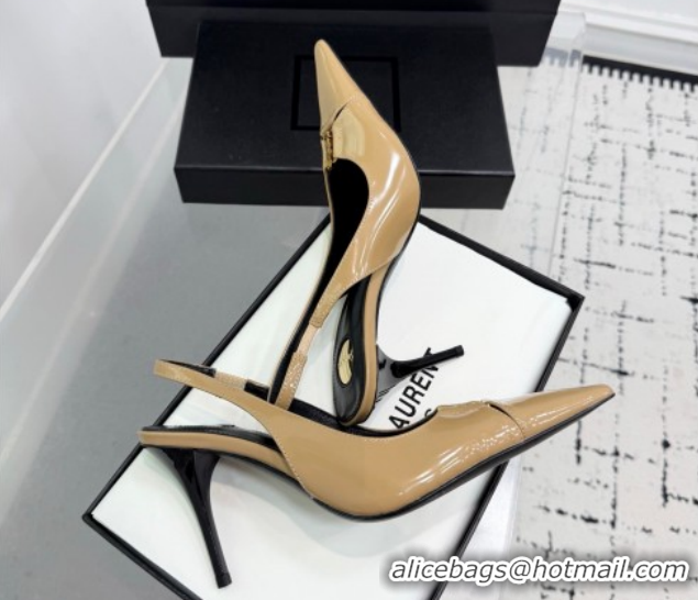 Sophisticated Saint Laurent Babylone Breteuil Slingbacks Pump 9cm in Shiny Leather Beige 1213012