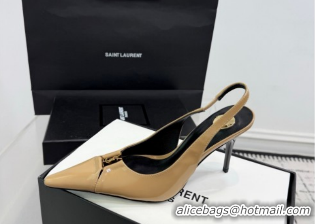 Sophisticated Saint Laurent Babylone Breteuil Slingbacks Pump 9cm in Shiny Leather Beige 1213012