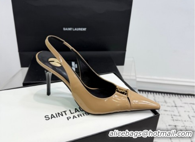 Sophisticated Saint Laurent Babylone Breteuil Slingbacks Pump 9cm in Shiny Leather Beige 1213012