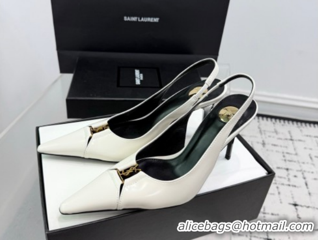Good Product Saint Laurent Babylone Breteuil Slingbacks Pump 9cm in Shiny Leather White 1213013