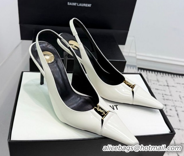 Good Product Saint Laurent Babylone Breteuil Slingbacks Pump 9cm in Shiny Leather White 1213013