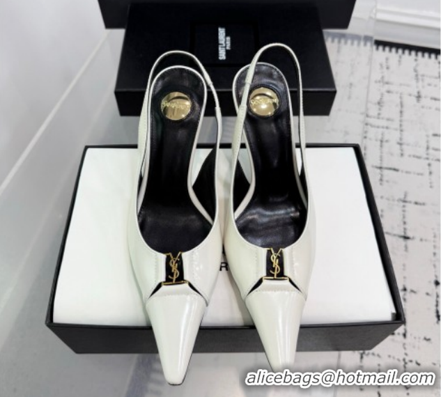 Good Product Saint Laurent Babylone Breteuil Slingbacks Pump 9cm in Shiny Leather White 1213013