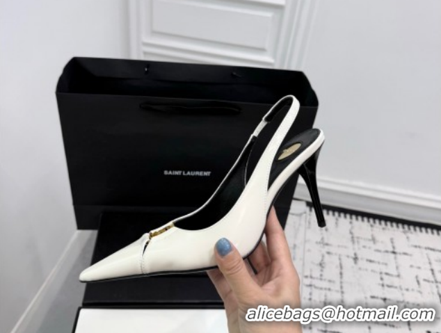 Good Product Saint Laurent Babylone Breteuil Slingbacks Pump 9cm in Shiny Leather White 1213013