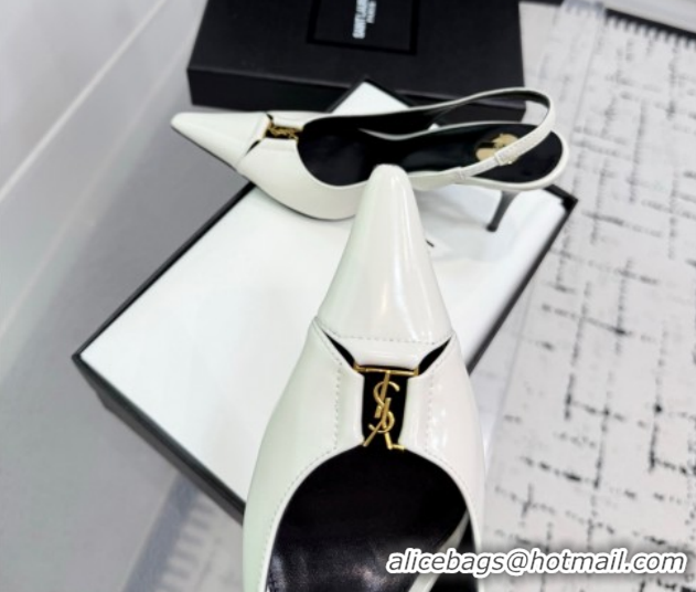 Good Product Saint Laurent Babylone Breteuil Slingbacks Pump 9cm in Shiny Leather White 1213013