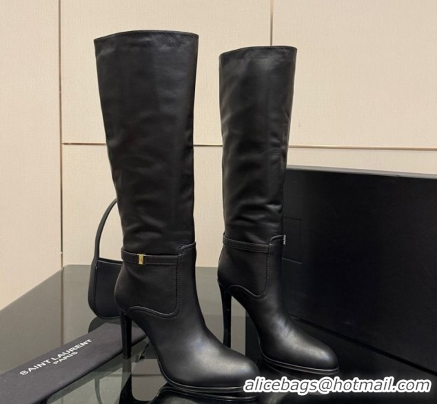 Luxurious Saint Laurent Diane Heel High Boots 10.5cm in Black Calfskin Leather with Logo Strap 1213014