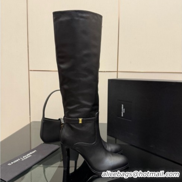 Luxurious Saint Laurent Diane Heel High Boots 10.5cm in Black Calfskin Leather with Logo Strap 1213014