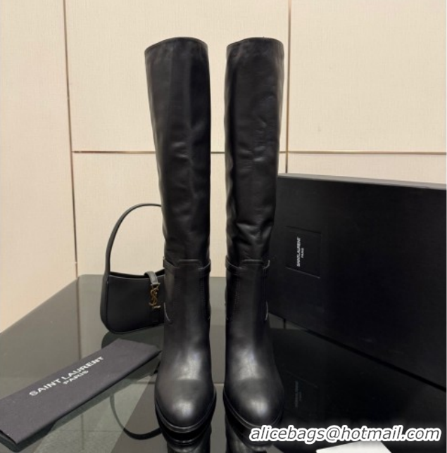 Luxurious Saint Laurent Diane Heel High Boots 10.5cm in Black Calfskin Leather with Logo Strap 1213014
