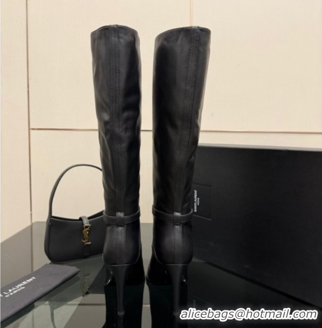 Luxurious Saint Laurent Diane Heel High Boots 10.5cm in Black Calfskin Leather with Logo Strap 1213014