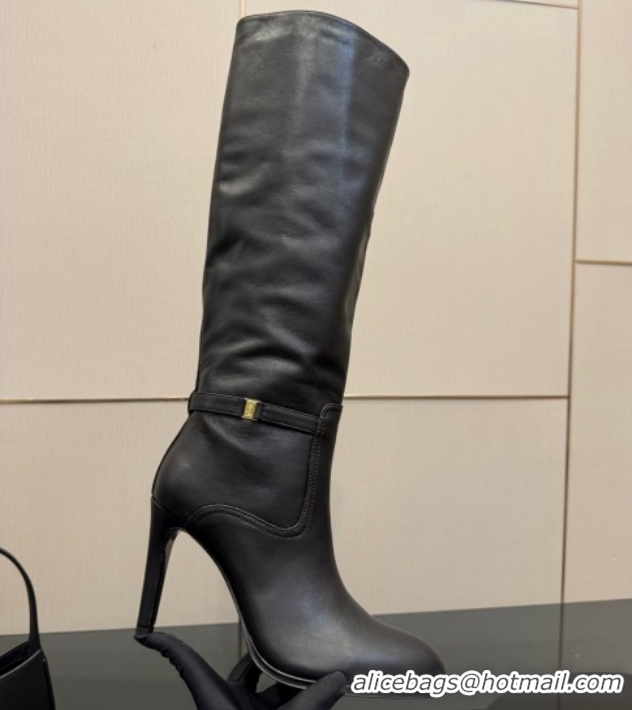 Luxurious Saint Laurent Diane Heel High Boots 10.5cm in Black Calfskin Leather with Logo Strap 1213014