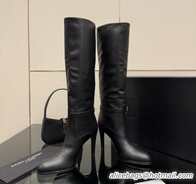 Luxurious Saint Laurent Diane Heel High Boots 10.5cm in Black Calfskin Leather with Logo Strap 1213014