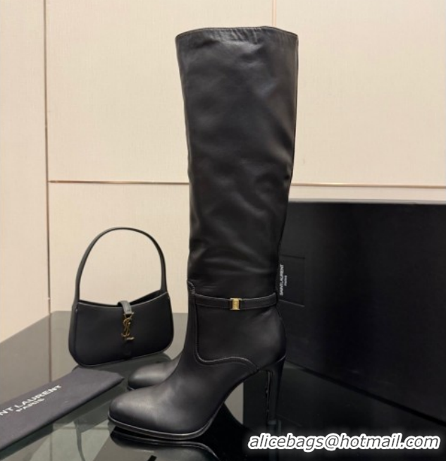 Luxurious Saint Laurent Diane Heel High Boots 10.5cm in Black Calfskin Leather with Logo Strap 1213014