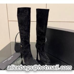 Low Price Saint Laurent Diane Heel High Boots 10.5cm in Suede with Logo Strap Black 1213015