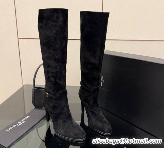 Low Price Saint Laurent Diane Heel High Boots 10.5cm in Suede with Logo Strap Black 1213015