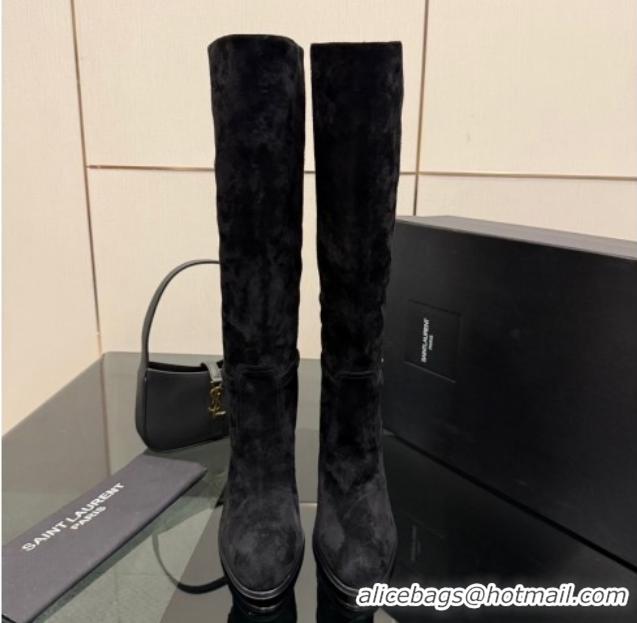 Low Price Saint Laurent Diane Heel High Boots 10.5cm in Suede with Logo Strap Black 1213015