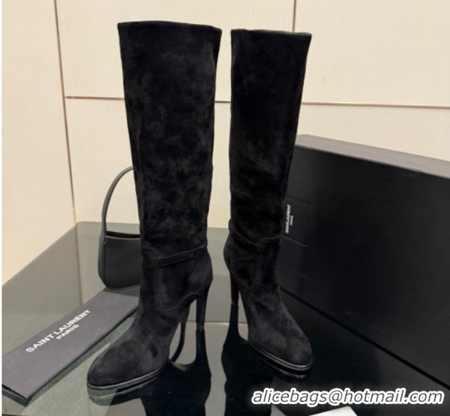 Low Price Saint Laurent Diane Heel High Boots 10.5cm in Suede with Logo Strap Black 1213015