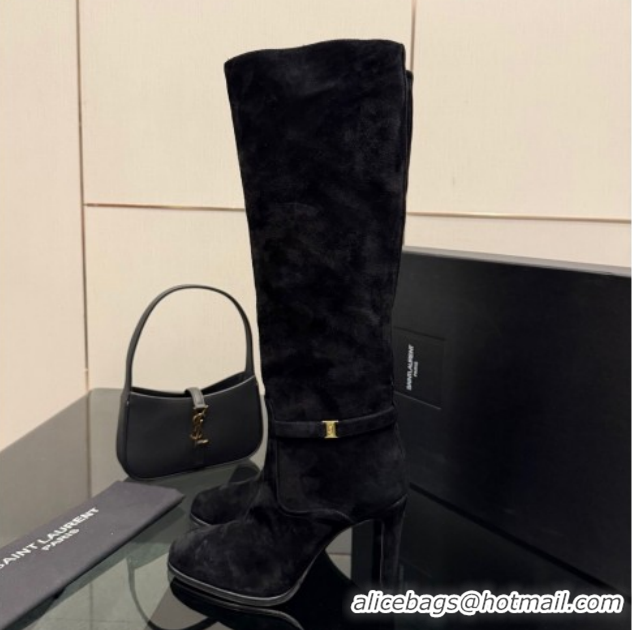 Low Price Saint Laurent Diane Heel High Boots 10.5cm in Suede with Logo Strap Black 1213015