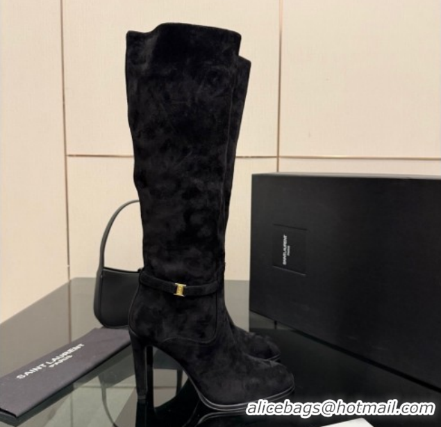 Low Price Saint Laurent Diane Heel High Boots 10.5cm in Suede with Logo Strap Black 1213015