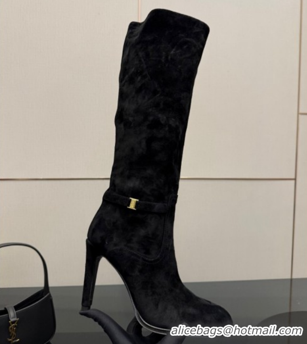 Low Price Saint Laurent Diane Heel High Boots 10.5cm in Suede with Logo Strap Black 1213015