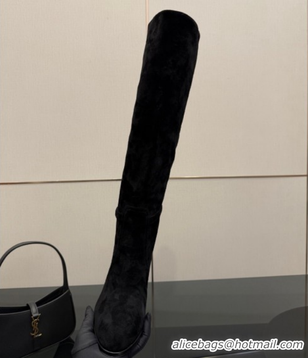 Low Price Saint Laurent Diane Heel High Boots 10.5cm in Suede with Logo Strap Black 1213015