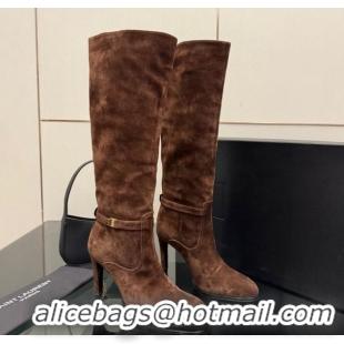 Good Quality Saint Laurent Diane Heel High Boots 10.5cm in Suede with Logo Strap Brown 1213016