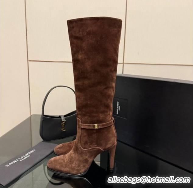 Good Quality Saint Laurent Diane Heel High Boots 10.5cm in Suede with Logo Strap Brown 1213016