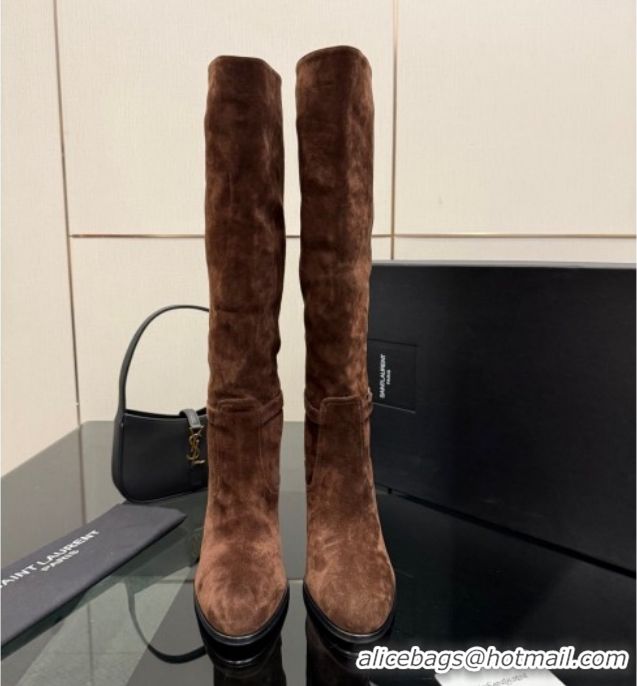 Good Quality Saint Laurent Diane Heel High Boots 10.5cm in Suede with Logo Strap Brown 1213016