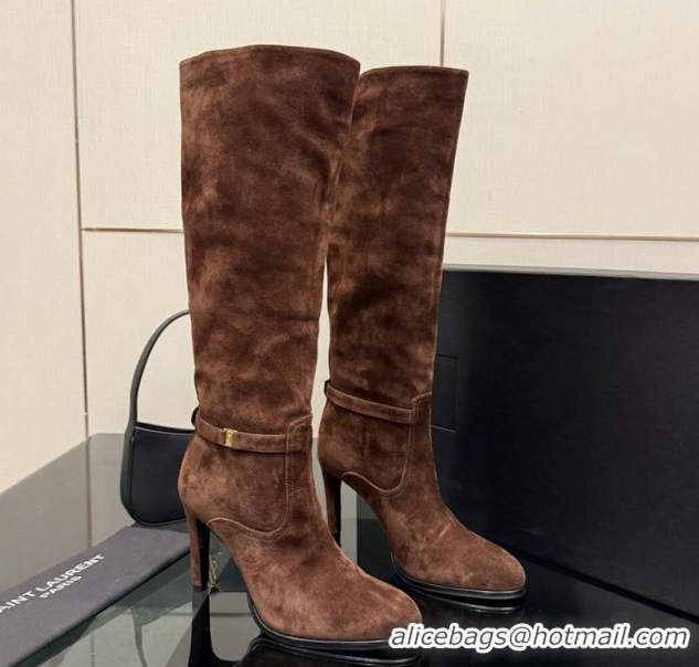 Good Quality Saint Laurent Diane Heel High Boots 10.5cm in Suede with Logo Strap Brown 1213016