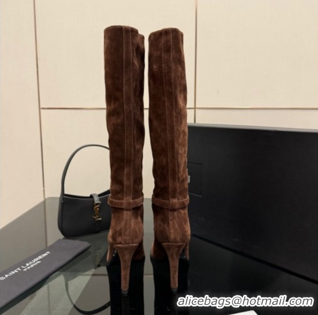 Good Quality Saint Laurent Diane Heel High Boots 10.5cm in Suede with Logo Strap Brown 1213016